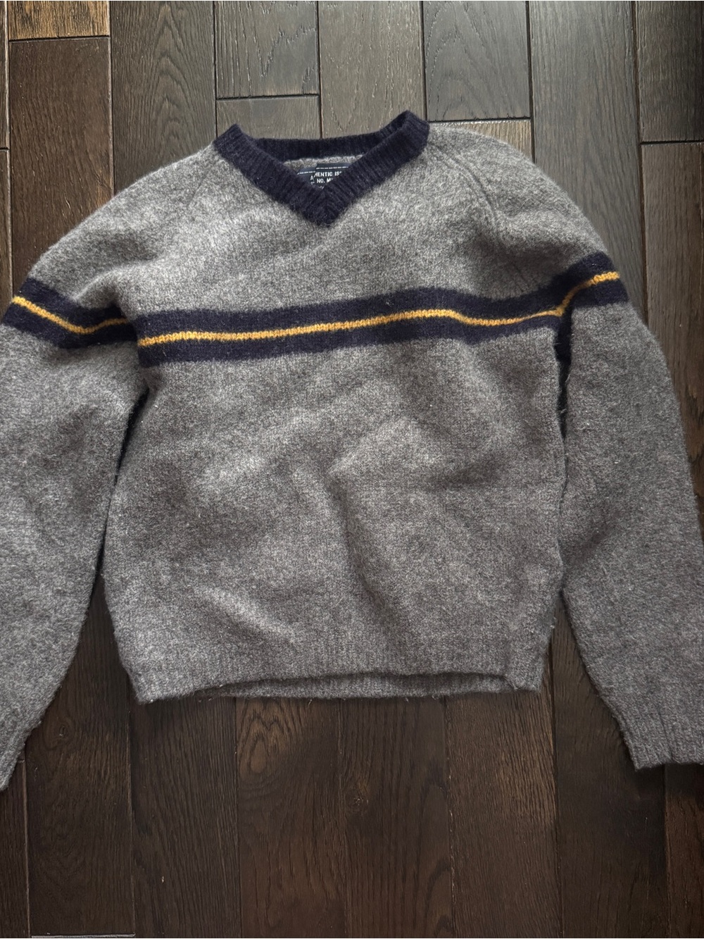 Abercrombie & Fitch Gray V-Neck Sweater with Navy and Yellow Stripes